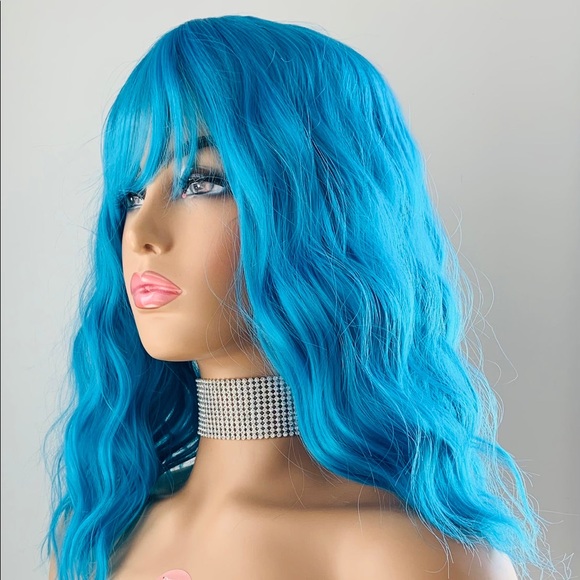 12” Bright Blue “Put On & Go” Synthetic Wig w Bangs for Events 🌈 - Picture 6 of 6